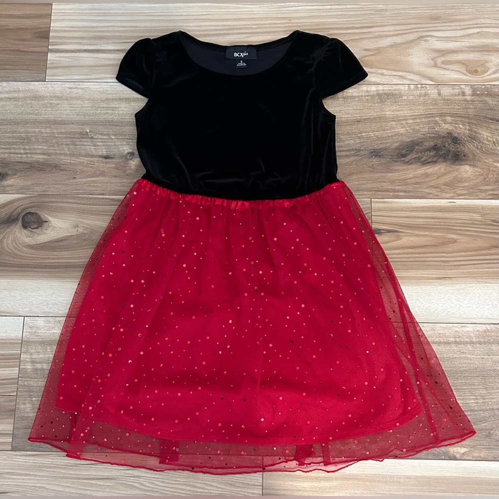 BCX Girl Black and Red Velvet Velour Sequins Mesh Dress Size 8 Kids